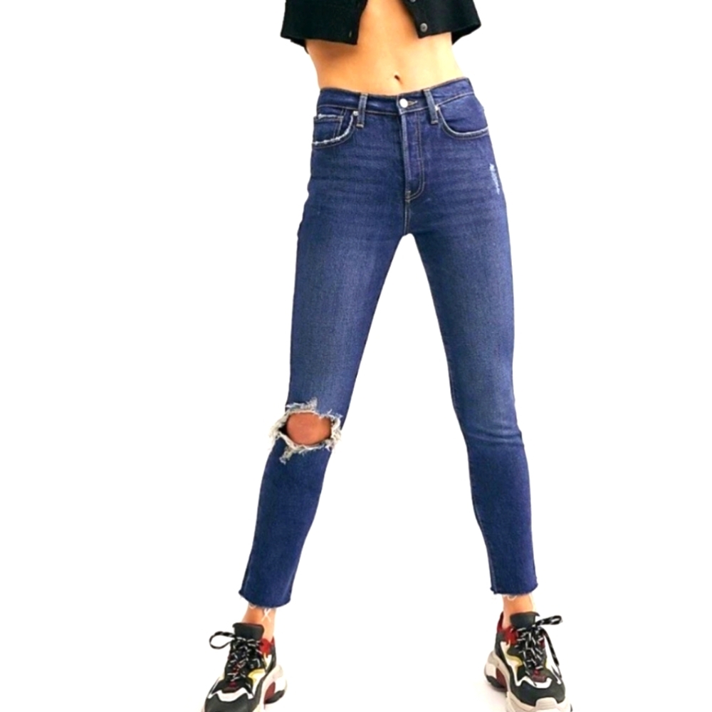 FP WE THE FREE Stella High-rise Jean Dark Blue Button Fly Rip Knee Raw Hem Sz 31